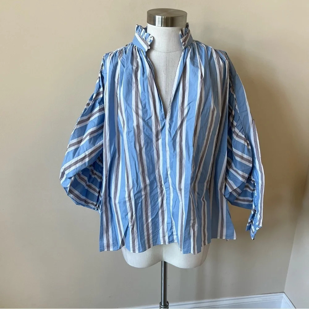 Maje Lavia striped ruffle collar woven long sleeve shirt 13489 - Picture 4 of 12